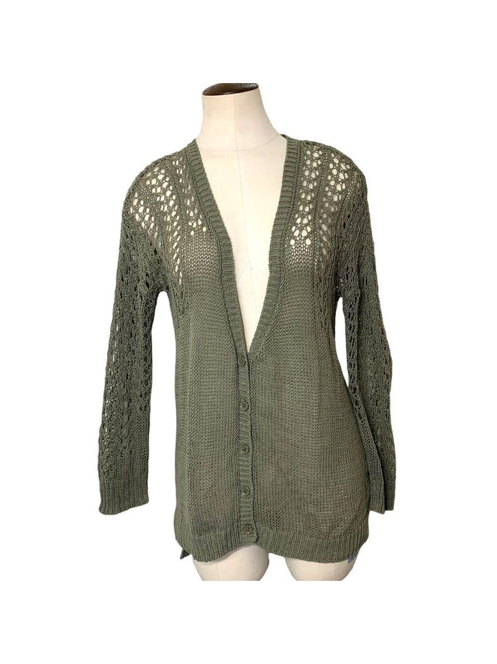 𝅺DKNY Olive Minimalist Green Crochet Knit Cardigan Sweater Deep V Neck Sz XS